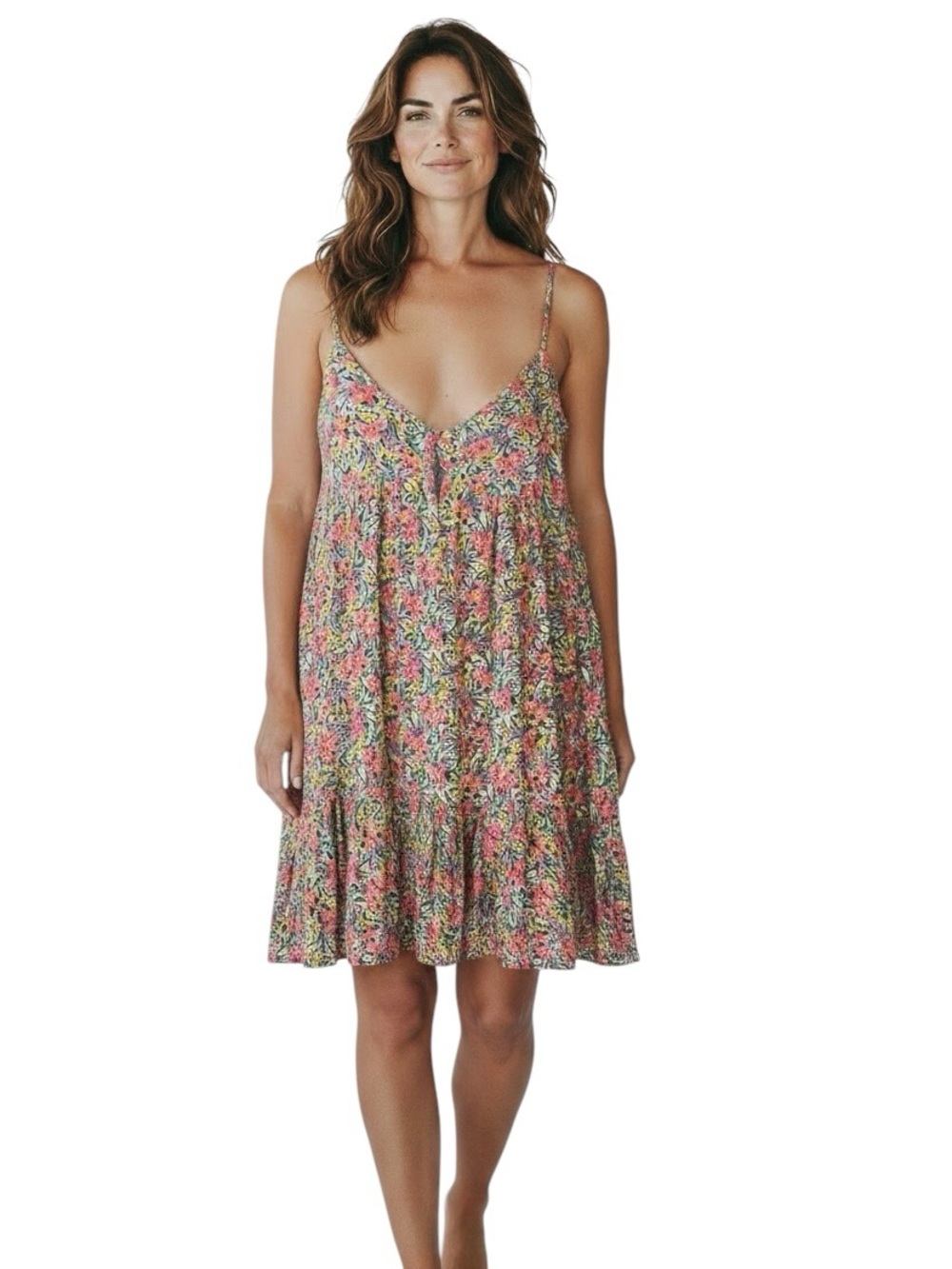 NWT NATURAL LIFE Pink & Yellow Ditzy Multi Floral Spaghetti Strap Sundress Sz. S